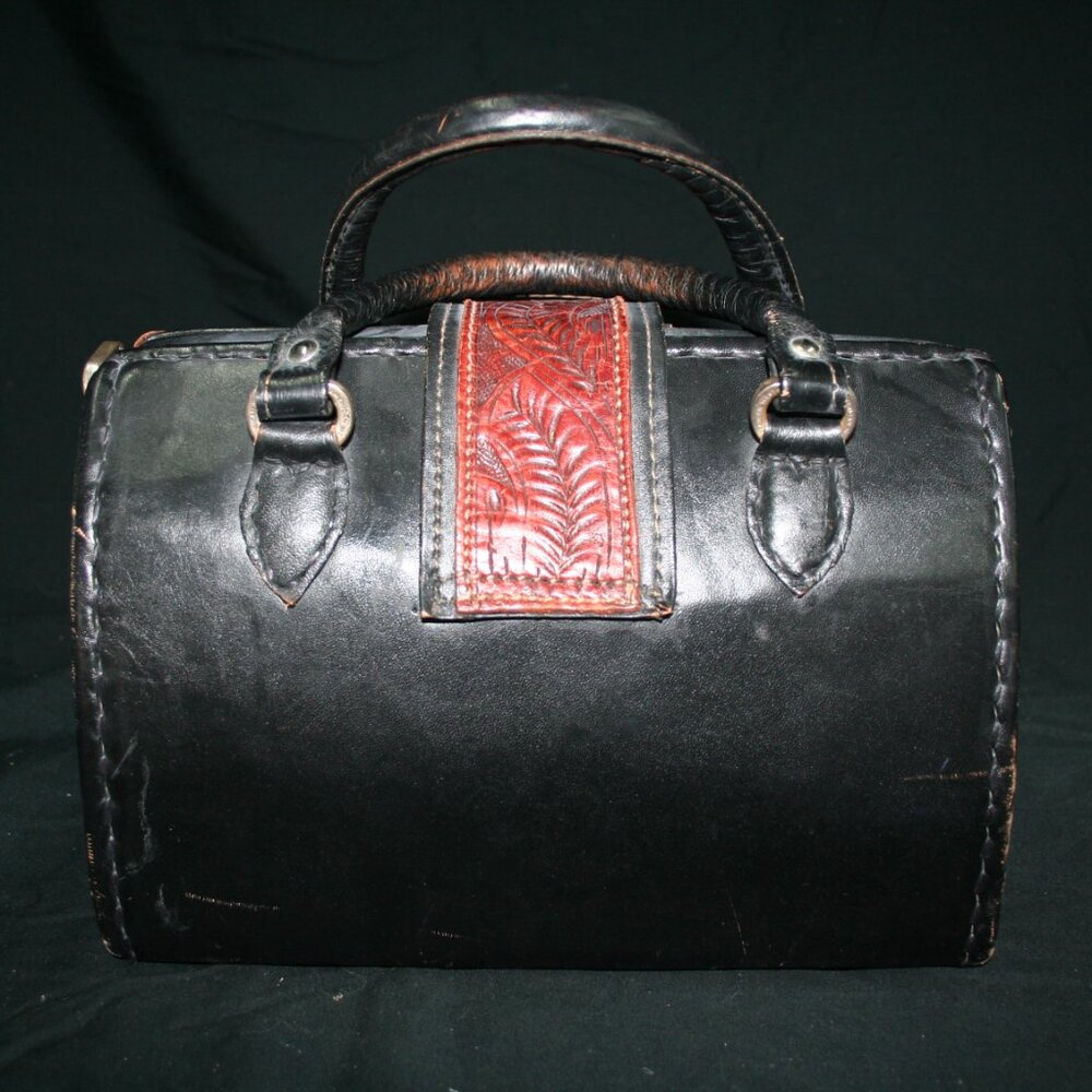 Vintage American West Black & Brown Tooled Doctors Bag - Picture 4 of 7